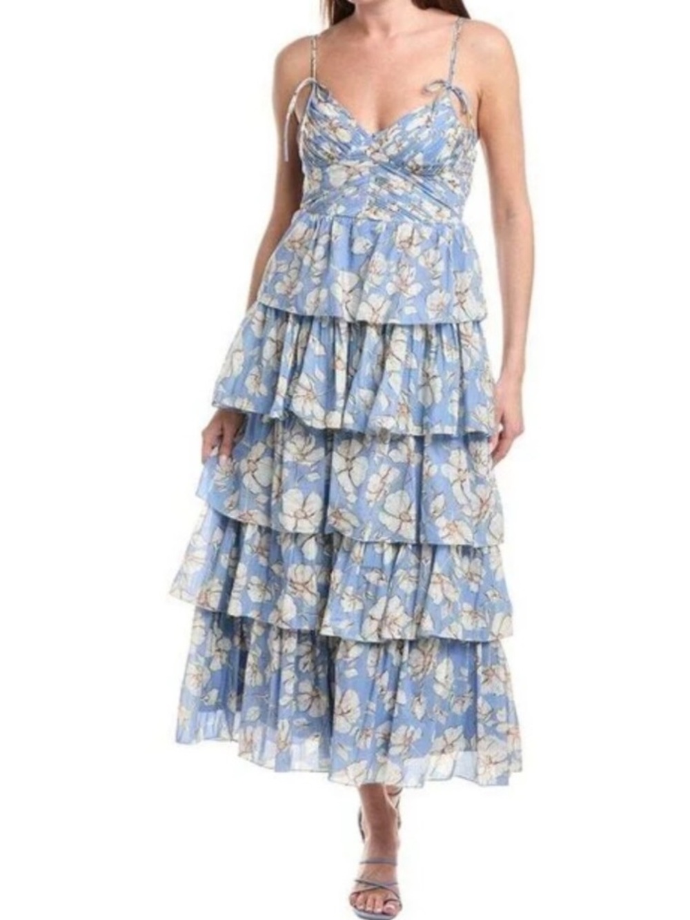 En Saison Blue Floral Tiered Maxi Dress with Spaghetti Straps